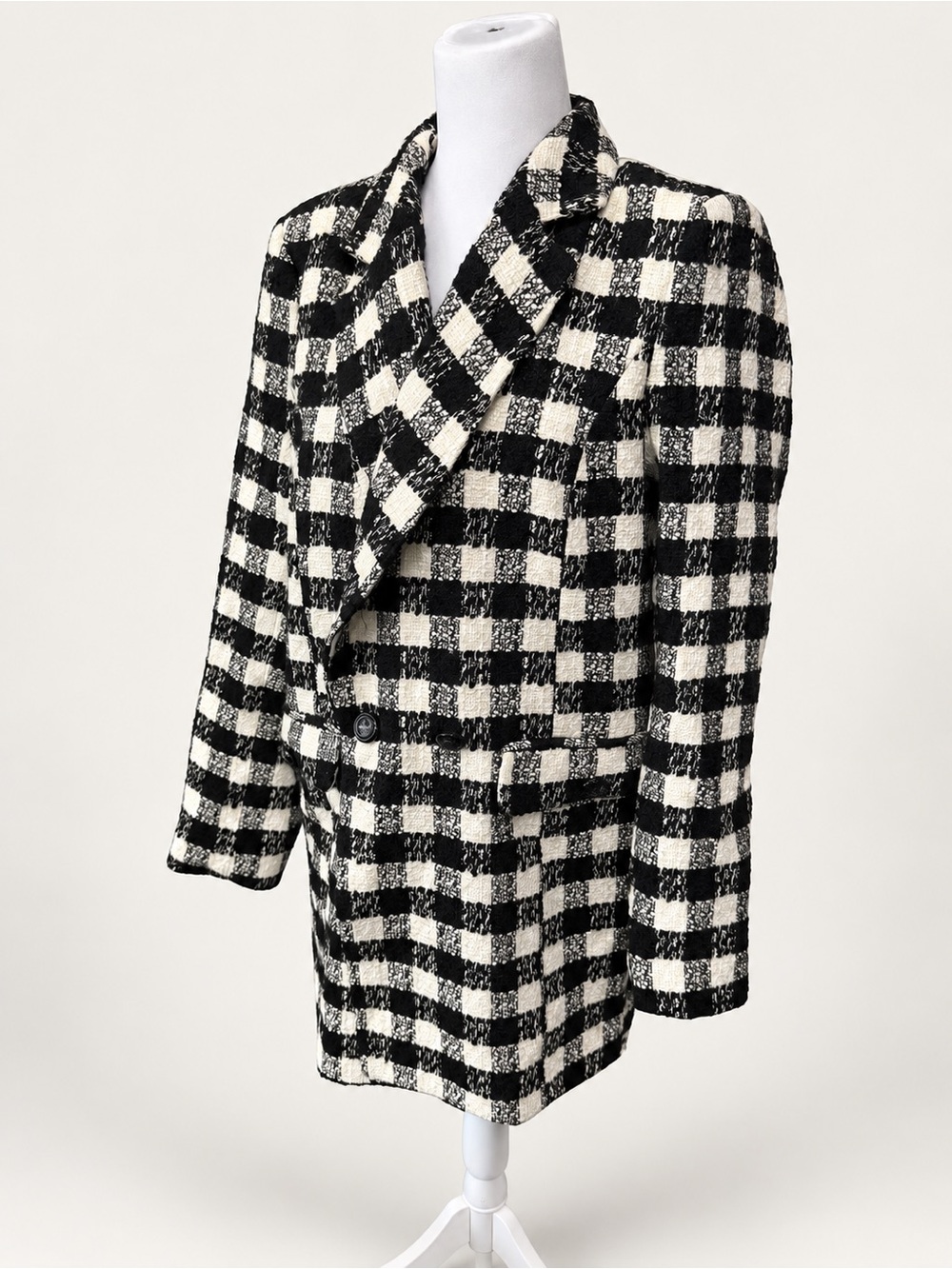 River Island Black & White Checked Double-Breasted Pea Coat